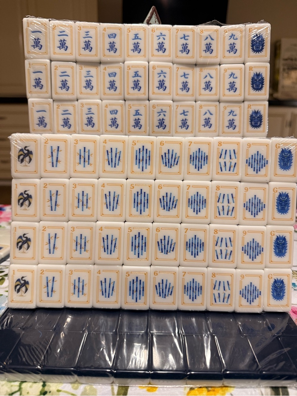 Mahjong Tile Set - Blue on Ivory Ceramic-Look Tiles